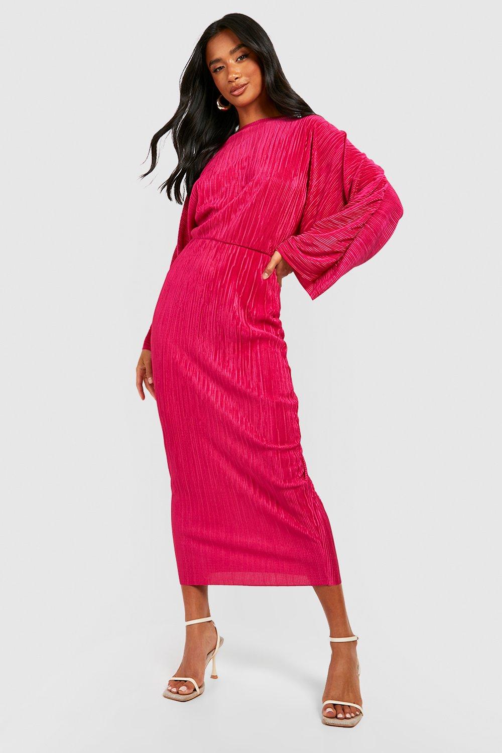 boohoo Petite Batwing Plisse Midi Dress Pink Size 8